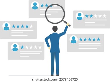 Illustration of businessman analyzing customer reviews with magnifying glass