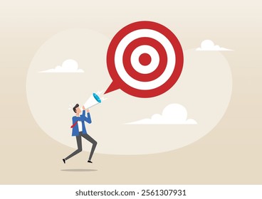 An illustration of Businessman announce new goal or target with megaphone. Announce new year goal, target or purpose, motivation to success or challenge, business agenda concept