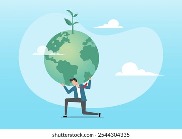 An illustration of businessman in atlas pose carrying green globe with seedling plant on his shoulder. World leader commitment to take care our planet earth concept