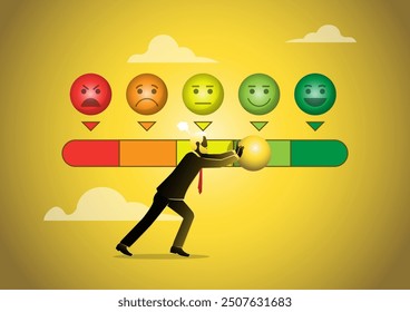 An illustration of a businessman attempting to pushing rating bar to excellent level, like or positive feedback. 