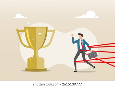 An illustration of a businessman attempting to reach a large golden trophy symbolizing success and achievement while being held back by multiple red ribbons.
