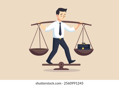 "Illustration of a businessman balancing a scale with work and life symbols, symbolizing work-life balance, stress,
 and career challenges. Ideal for business, lifestyle, and motivation themes."
