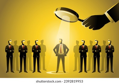 illustration of a Businessman being observed by magnifying glass among other businessmen. Stand out from the crowd, promotion, candidate, chosen, career, business concept