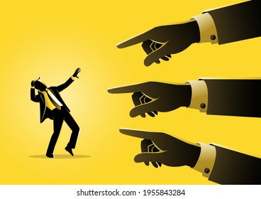 An illustration of a businessman being pointed by giant fingers