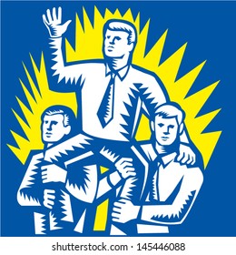Illustration of a businessman being prop up on shoulders of fellow workers colleague facing front done in retro woodcut style.