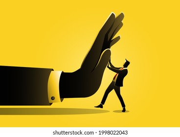 An illustration of a businessman being pushed by giant hand. Business concept