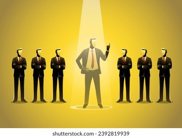 illustration of a Businessman being spotlighted among other businessmen. Stand out from the crowd, promotion, candidate, chosen, career, business concept