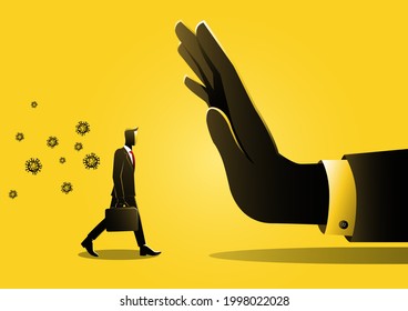 An illustration of a businessman being stopped because carrying the virus, survival during pandemic, virus outbreak