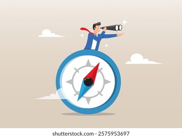 An illustration of a businessman with a binocular and compass. Business compass guidance, direction, finding investment opportunity, leadership 