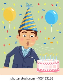 Illustration of a businessman blowing on birthday cake candles. Birthday party, celebration, birthday poster. Flat style vector illustration