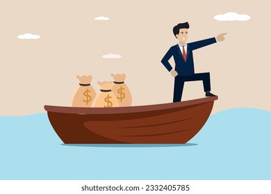 Illustration of a businessman boarding a boat to make a lot of profit.