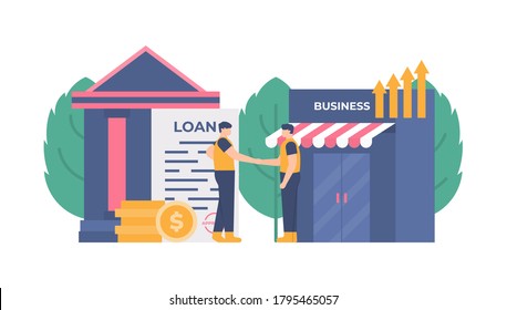 illustration of a businessman borrowing or owing money in the bank to improve his business. the concept of cooperatives, money lending services, agreements, pawnshops. flat design. can be used for UI