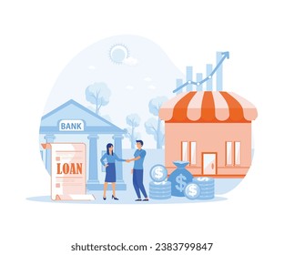 illustration of a businessman borrowing or owing money in the bank to improve his business. the concept of cooperatives, money lending services, agreements, pawnshops. flat vector modern illustration