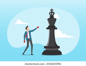 An illustration of businessman with boxing glove fight with big chess king. Challenge and strategy to win business competition, plan to knock out competitor concept