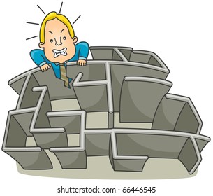 Illustration Of A Businessman Breaking A Wall Of A Maze