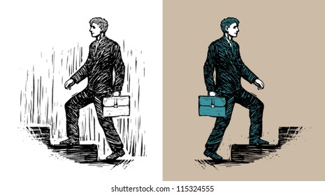 Illustration of businessman with briefcase walking upstairs