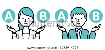 Illustration of a businessman and a business woman comparing A and B