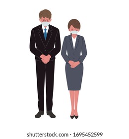 Illustration of a businessman and a businesswoman bowing with a mask