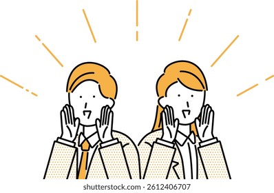 Illustration of a businessman and a businesswoman cheering by bringing their hands to their mouths