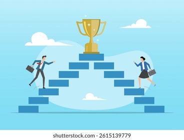 An illustration of a businessman and businesswoman climbing two separate staircases leading to a large golden trophy at the top, symbolizing success, achievement, and goal attainment