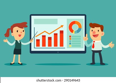 Illustration of businessman and businesswoman giving presentation with business graph on big screen