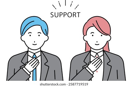 Illustration of businessman and businesswoman holding hands on chest, business support image