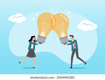 An illustration of businessman and businesswoman join or combine lightbulb idea for best result. Collaborate to get solution, brainstorm, teamwork or think together to develop great idea concept