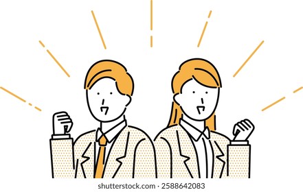 Illustration of a businessman and a businesswoman raising their fists and making a fist pump