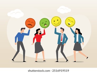 An illustration of businessman and businesswoman team showing emotion happy and sad faces. Worker wellbeing or feeling, attitude and motivation concept