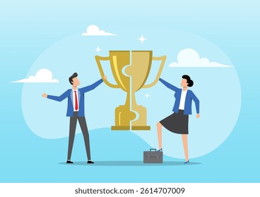 An illustration of a businessman and businesswoman working together to assemble a large golden trophy made of two puzzles. Represents teamwork, collaboration, strategic partnership, and shared success
