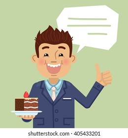 Illustration of a businessman with a cake. Cheerful businessman holding a cake on a plate and showing thumb up gesture. Flat style vector illustration.