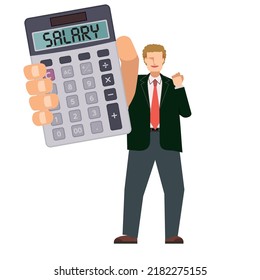 Illustration of a businessman with a calculator labeled salary. An image of successful career advancement and salary increase. male.