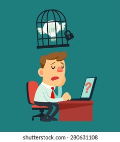 Illustration of businessman cannot solve problem because his idea bulb locked in a cage