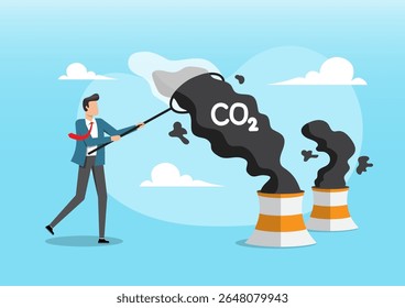 Ilustração de um empresário capturando ou coletando fumaça preta com texto de "CO2" emanando de duas chaminés industriais usando uma grande rede.
