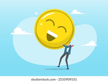 An illustration of businessman carry big happy smile face. Job satisfaction, employee happiness or optimistic attitude, feel good, emotional intelligence concept