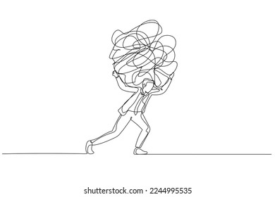 Illustration of businessman carrying heavy messy line on his back metaphor of stress from work. Single continuous line art style