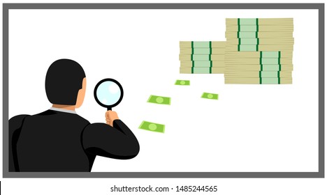 illustration of a businessman carrying a loop lens. identify traces of money. eps10 vector file