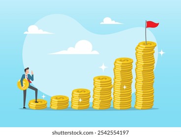 An illustration of businessman carrying money coin start step on compound money stack. Start invest in stock market, begin savings to achieve financial goal, collecting wealth
