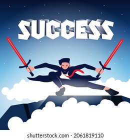 illustration of a businessman carving success with a collection of clouds using a red sword. nothing is impossible
