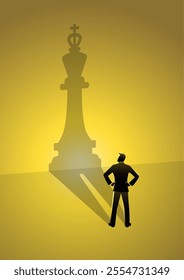 An illustration of businessman casting a shadow of a chess king on a wall as a symbol self-realization of self-development and career growth concept