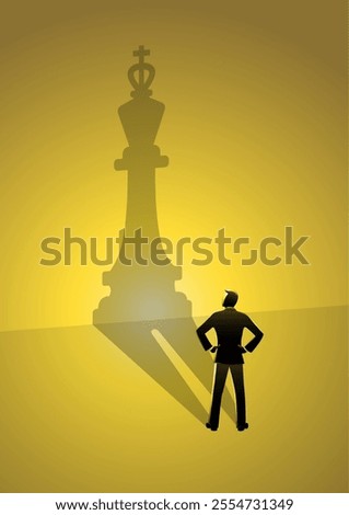 An illustration of businessman casting a shadow of a chess king on a wall as a symbol self-realization of self-development and career growth concept