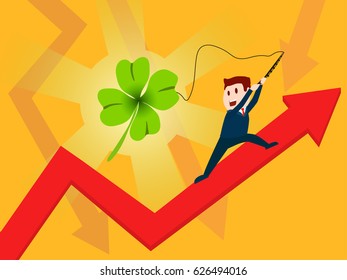 Illustration of a businessman caught lucky four leaf clover, standing on the red raising chart arrow. Flat style illustration of luck and success.