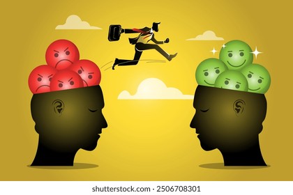 An illustration of businessman change attitude from negative to positive. Changing mind thoughts and switch sides for opinion concept