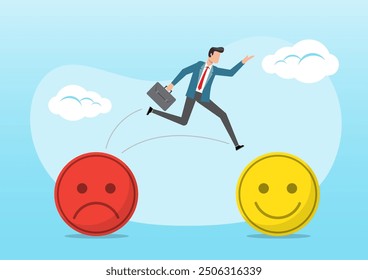 An illustration of businessman change their attitude from negative to positive emojis. Business optimistic concept