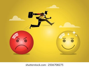 An illustration of businessman change their attitude from negative to positive emojis. Business optimistic concept