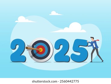 An illustration of businessman changing year to 2025 target. Year 2025 business target, aim for business success, growth or motivation to succeed concept