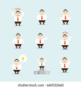 Illustration of businessman character set. Vector of employee in smile, glad, achievement, thinking, searching, frightened, sad, and scared emotion.