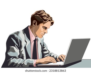 Illustration of Businessman Character Using Laptop At Desk On White Background.