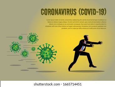 An illustration of a businessman is chased by Corona Virus