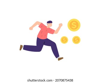 illustration of businessman chasing coins. striving for success, chasing dreams, making profits. get as much money as possible. finance and career path. flat cartoon style. vector design